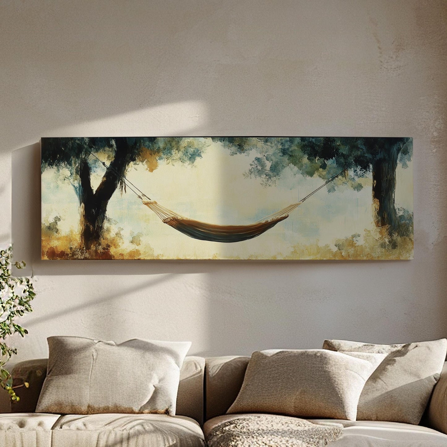 Serene Hammock Scene Canvas Art | Impasto Impressionism Print | Tranquil Bohemian Wall Art For Bedroom Panoramic Wall Art