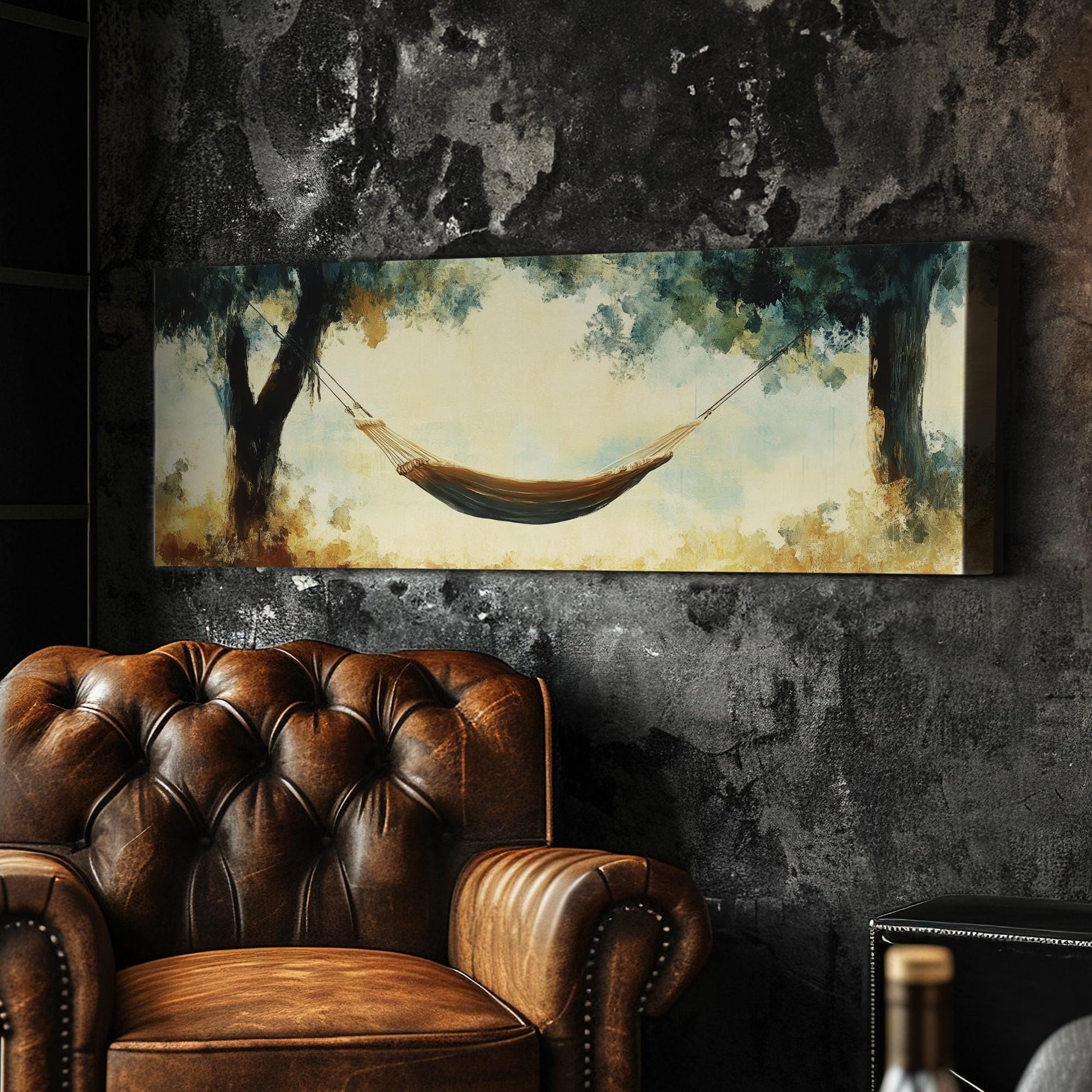 Serene Hammock Scene Canvas Art | Impasto Impressionism Print | Tranquil Bohemian Wall Art For Bedroom Panoramic Wall Art
