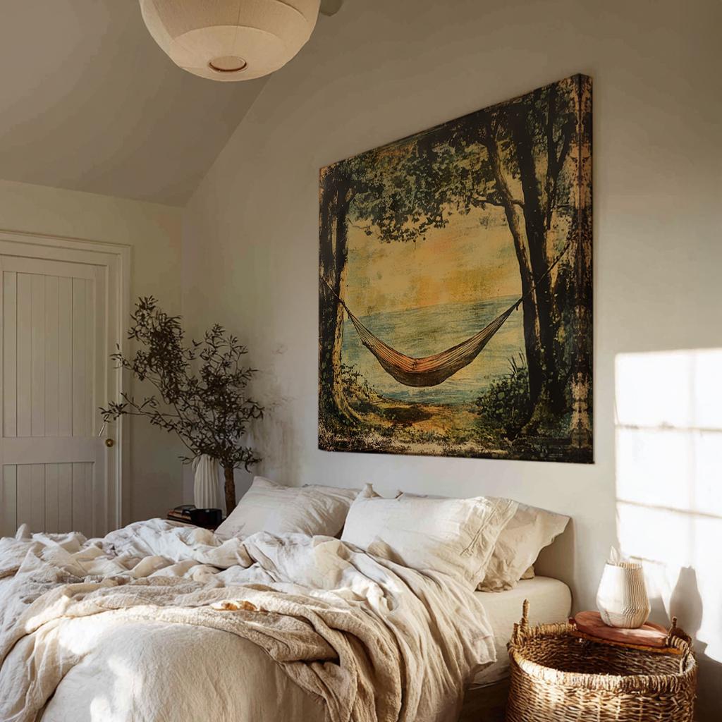 Serene Hammock Coastal Canvas Art | Textured Impressionist Print | Coastal Bohemian Wall Art For Bedroom Square Canvas Art