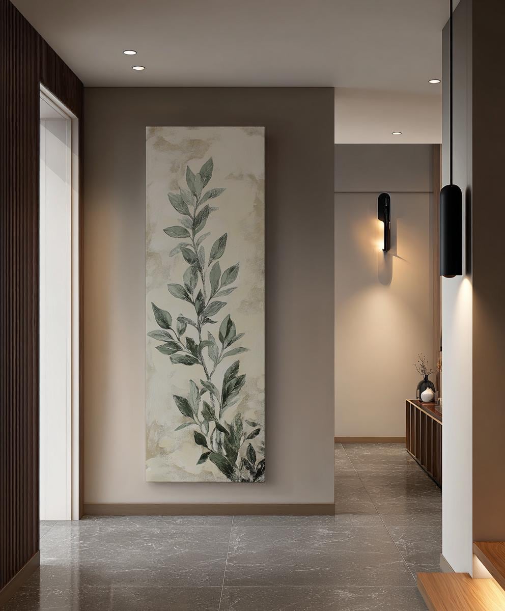 Serene Greenery Canvas Art | Impasto Botanical Print | Tranquil Spa Wall Art For Living Room | Sage Green and Oyster Art Long Vertical Art