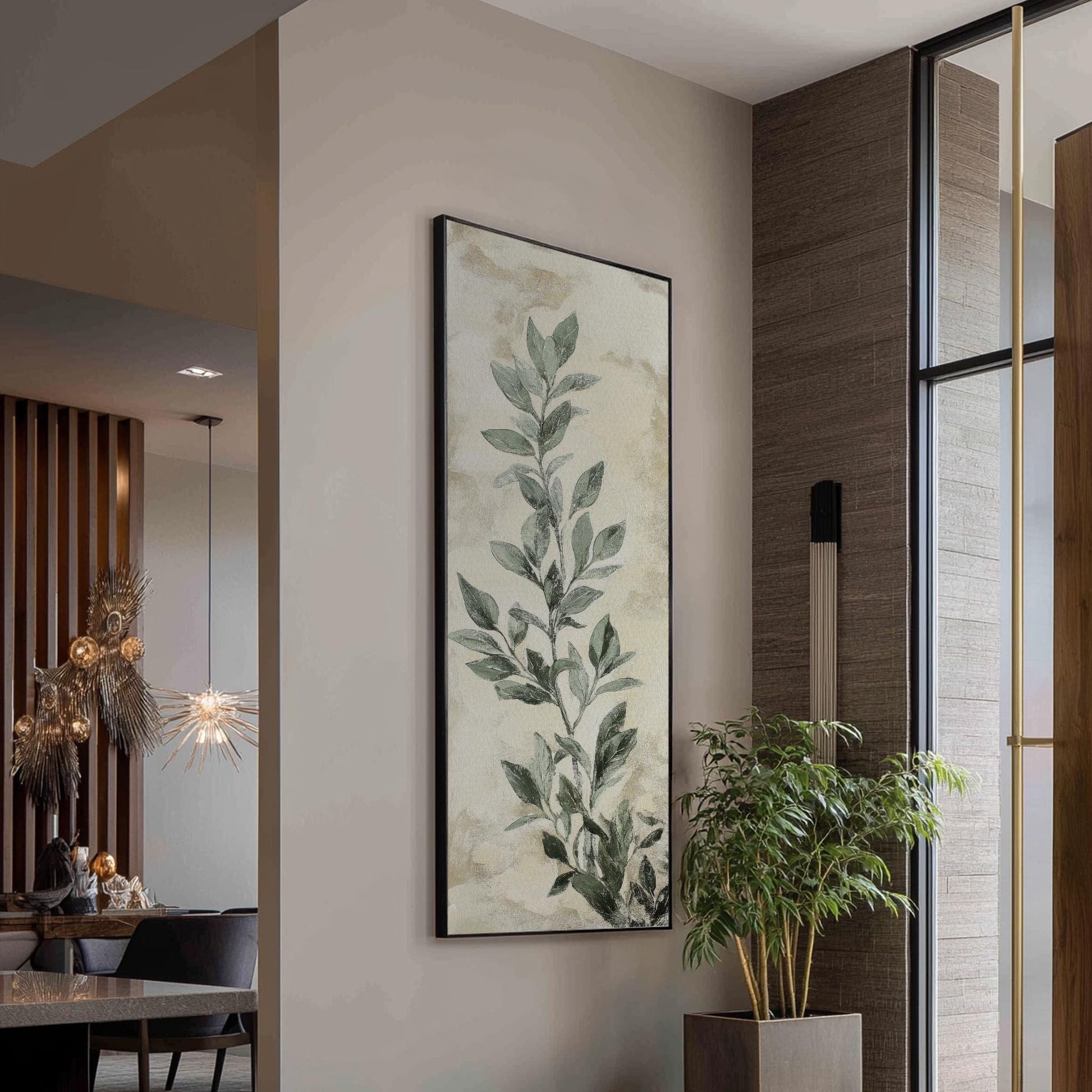 Serene Greenery Canvas Art | Impasto Botanical Print | Tranquil Spa Wall Art For Living Room | Sage Green and Oyster Art Long Vertical Art