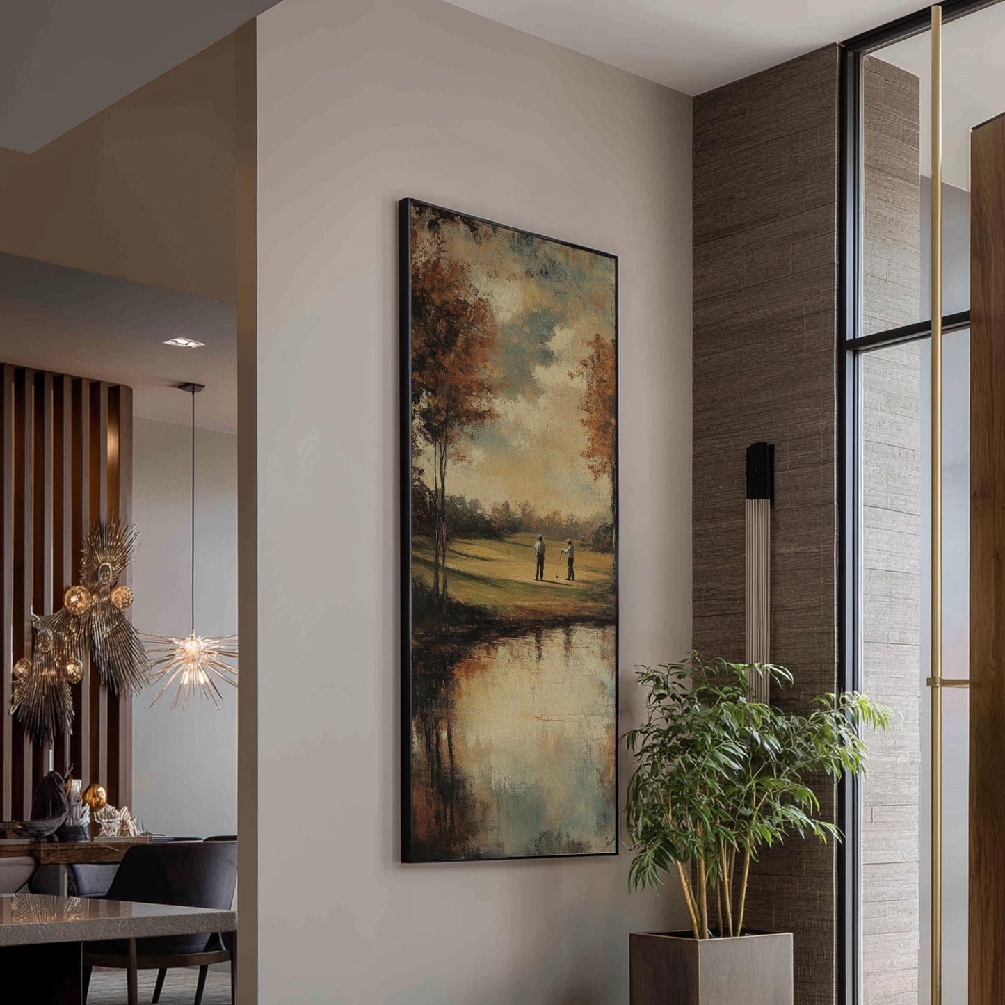 Serene Golf Course Canvas Art | Impasto Print | Transitional Wall Art For Living Room | Taupe Sage Green Art Long Vertical Art