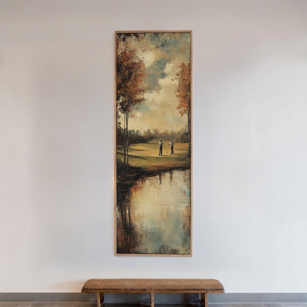 Serene Golf Course Canvas Art | Impasto Print | Transitional Wall Art For Living Room | Taupe Sage Green Art Long Vertical Art