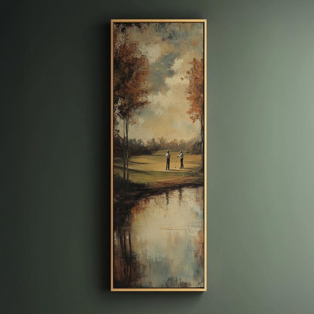 Serene Golf Course Canvas Art | Impasto Print | Transitional Wall Art For Living Room | Taupe Sage Green Art Long Vertical Art