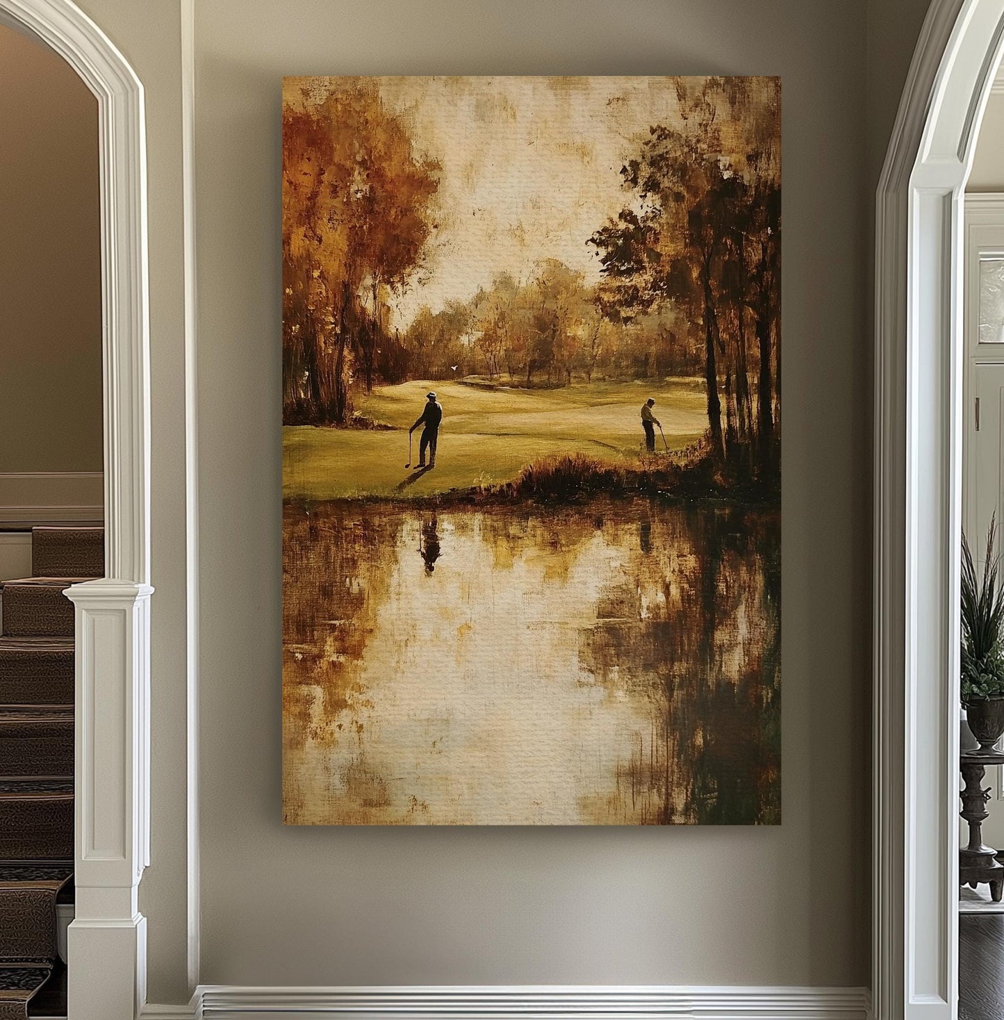 Serene Golf Course Canvas Art | Impasto Impressionism Print | Transitional Wall Art For Living Room Vertical Canvas