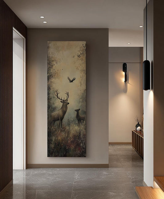 Serene Forest Stag Canvas Art | Impasto Painting Print | Transitional Wall Art For Living Room | Warm Taupe Olive Art Long Vertical Art