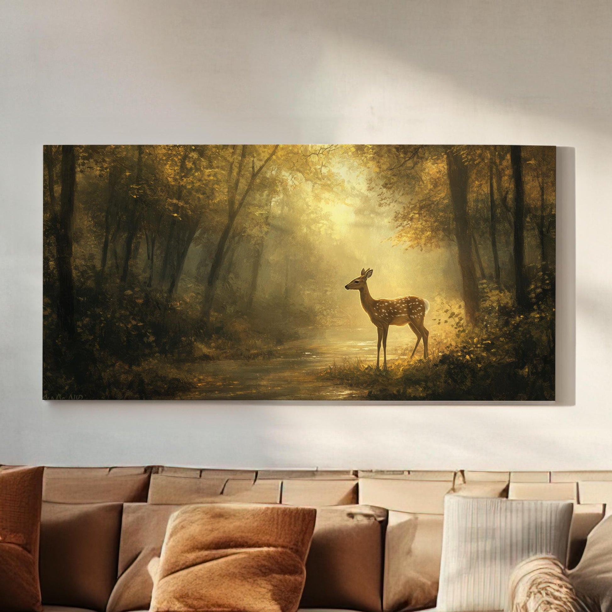 Serene Forest Fawn Canvas Art | Impressionist Painting Print | Tranquil Spa Wall Art For Living Room | Warm Honeycomb Art Horizontal Art