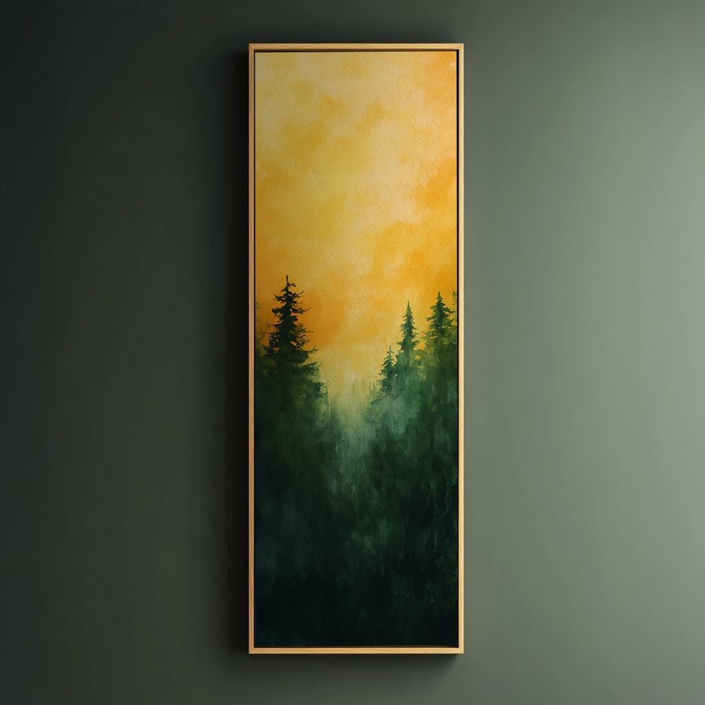 Serene Forest Canvas Art | Impasto Watercolor Print | Biophilic Wall Art For Living Room | Golden Hour Amber Art Long Vertical Art