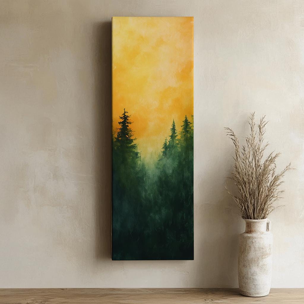 Serene Forest Canvas Art | Impasto Watercolor Print | Biophilic Wall Art For Living Room | Golden Hour Amber Art Long Vertical Art