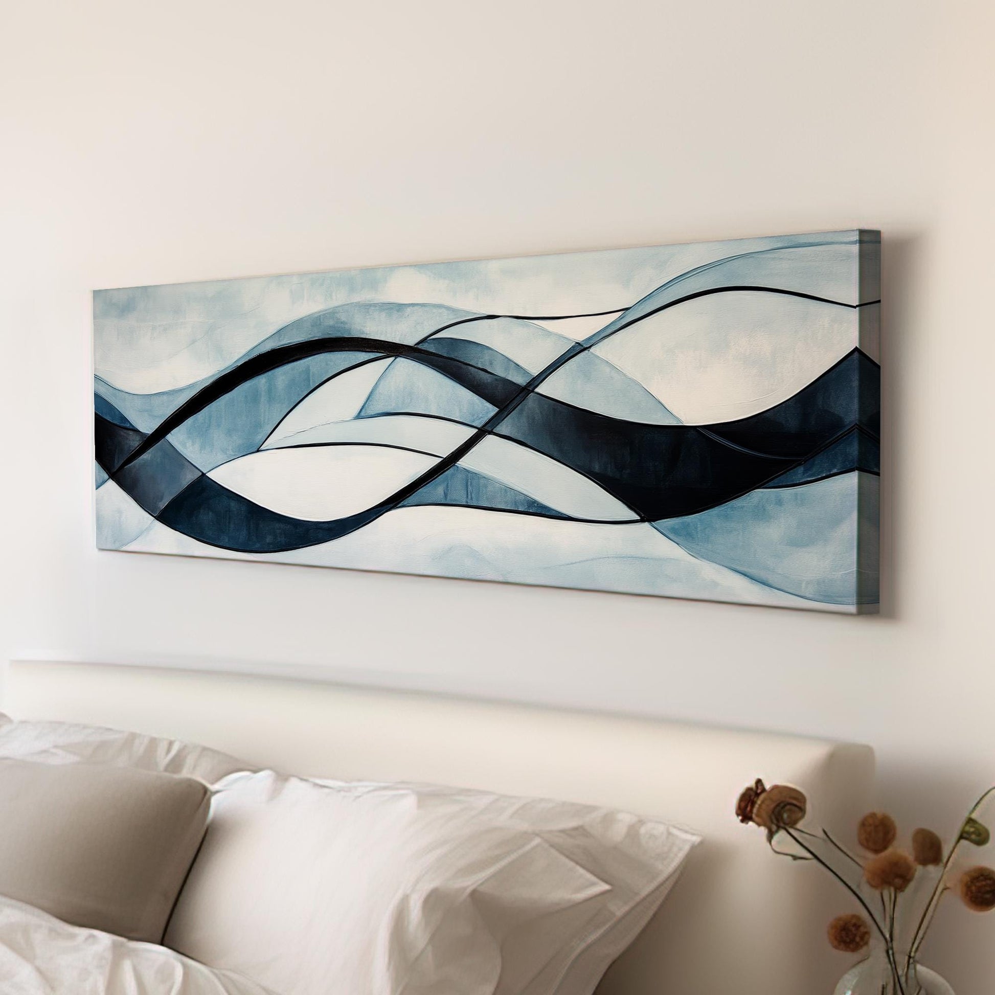 Serene Flow Canvas Art | Abstract Expressionist Print | Biophilic Wall Art For Living Room | Celestial Blue Art Panoramic Wall Art