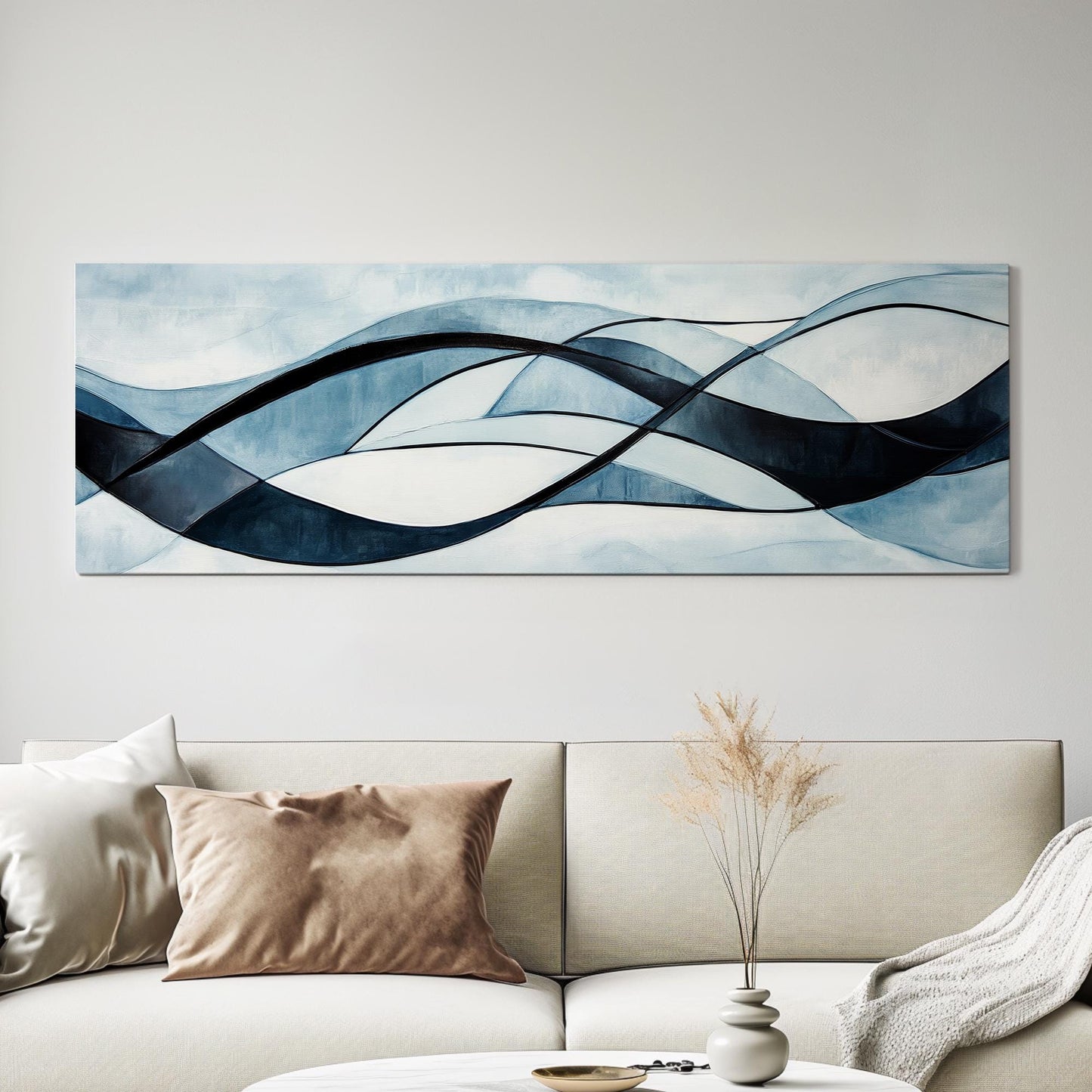 Serene Flow Canvas Art | Abstract Expressionist Print | Biophilic Wall Art For Living Room | Celestial Blue Art Panoramic Wall Art