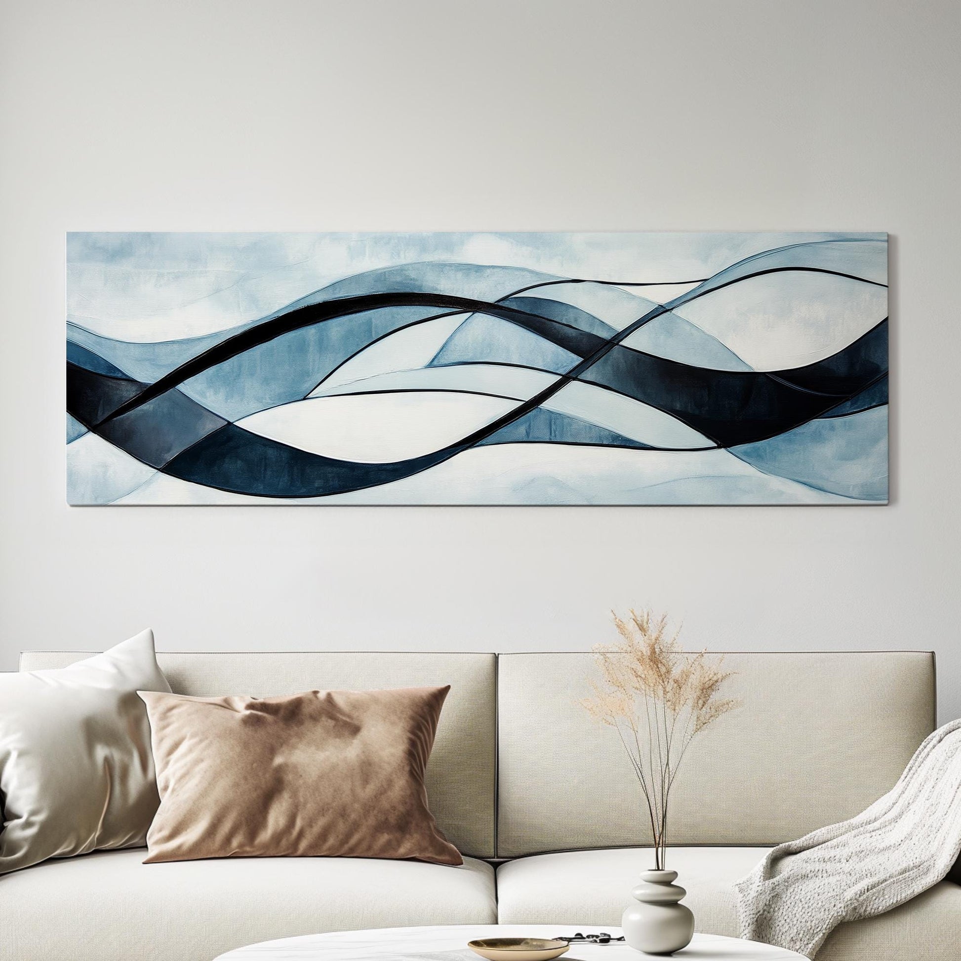 Serene Flow Canvas Art | Abstract Expressionist Print | Biophilic Wall Art For Living Room | Celestial Blue Art Panoramic Wall Art