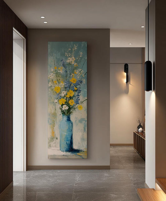 Serene Floral Bouquet Canvas Art | Impasto Impressionism Print | Coastal Farmhouse Wall Art For Living Room Long Vertical Art