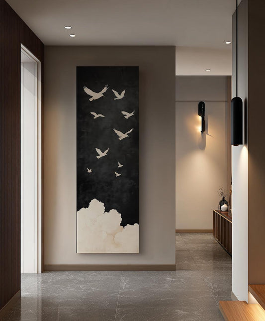 Serene Flock Canvas Art | Silhouette Flock Print | Minimalist Wall Art For Living Room | Off White Cloud Art Long Vertical Art