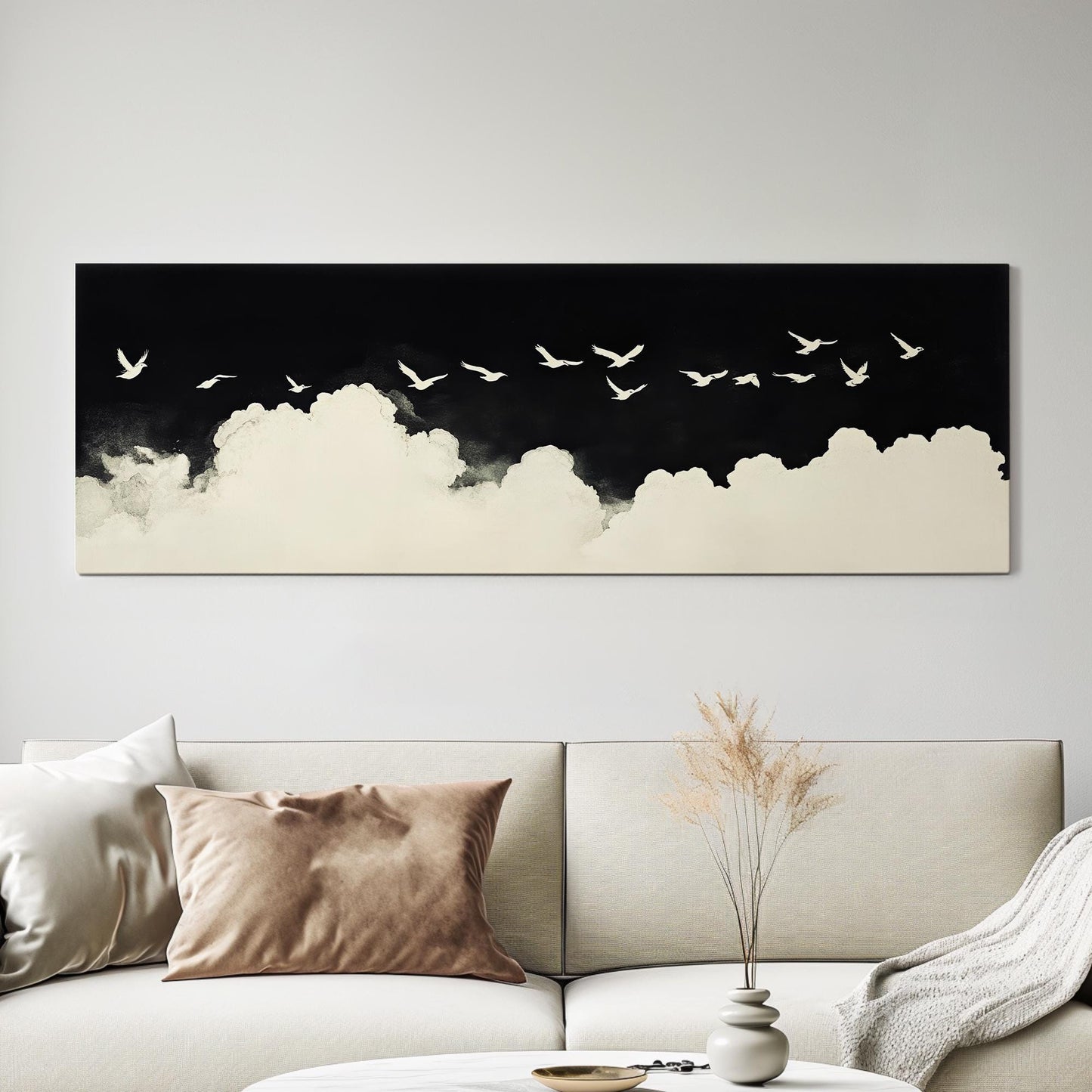 Serene Flight Flock Canvas Art | Monochromatic Watercolor Print | Tranquil Zen Wall Art For Above Couch Panoramic Wall Art