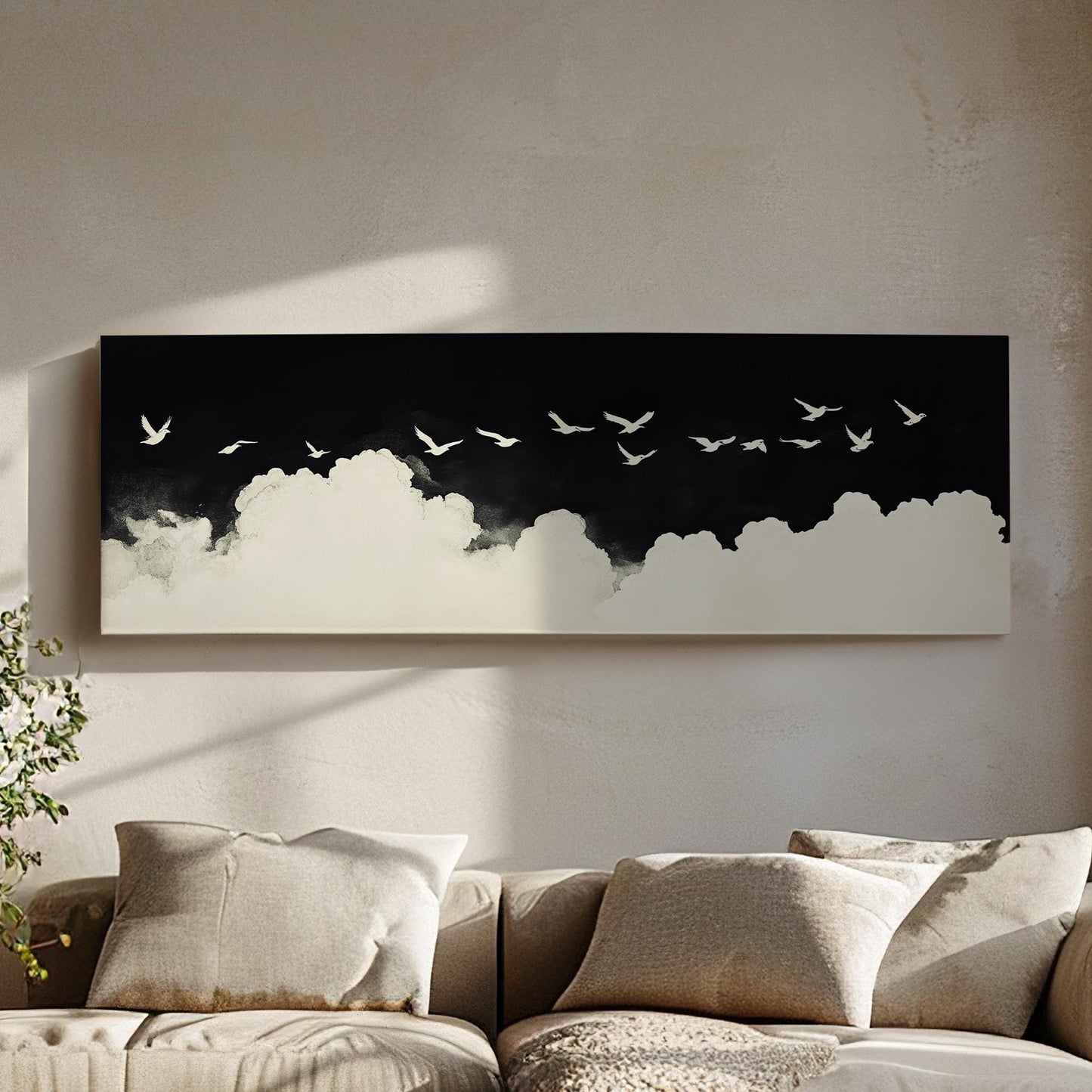 Serene Flight Flock Canvas Art | Monochromatic Watercolor Print | Tranquil Zen Wall Art For Above Couch Panoramic Wall Art
