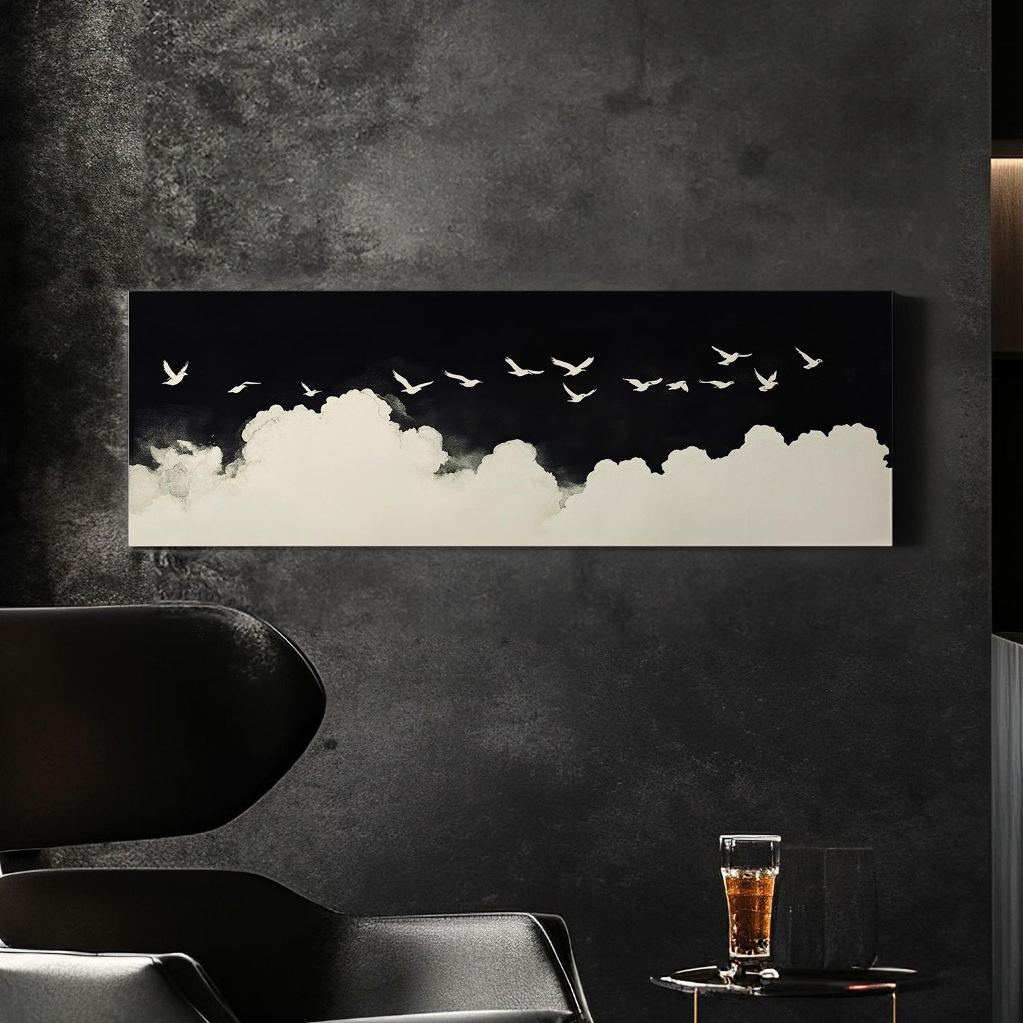 Serene Flight Flock Canvas Art | Monochromatic Watercolor Print | Tranquil Zen Wall Art For Above Couch Panoramic Wall Art