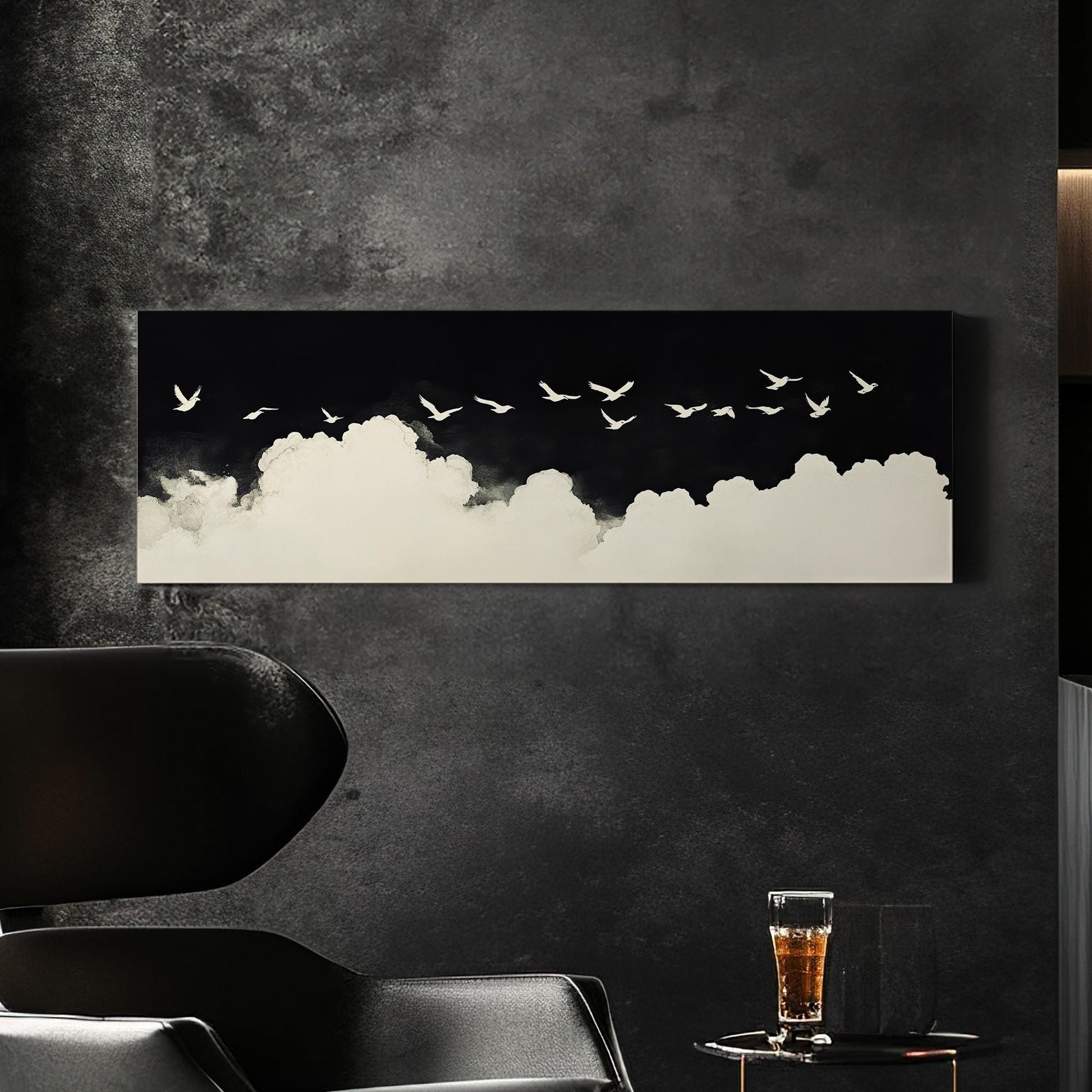 Serene Flight Flock Canvas Art | Monochromatic Watercolor Print | Tranquil Zen Wall Art For Above Couch Panoramic Wall Art