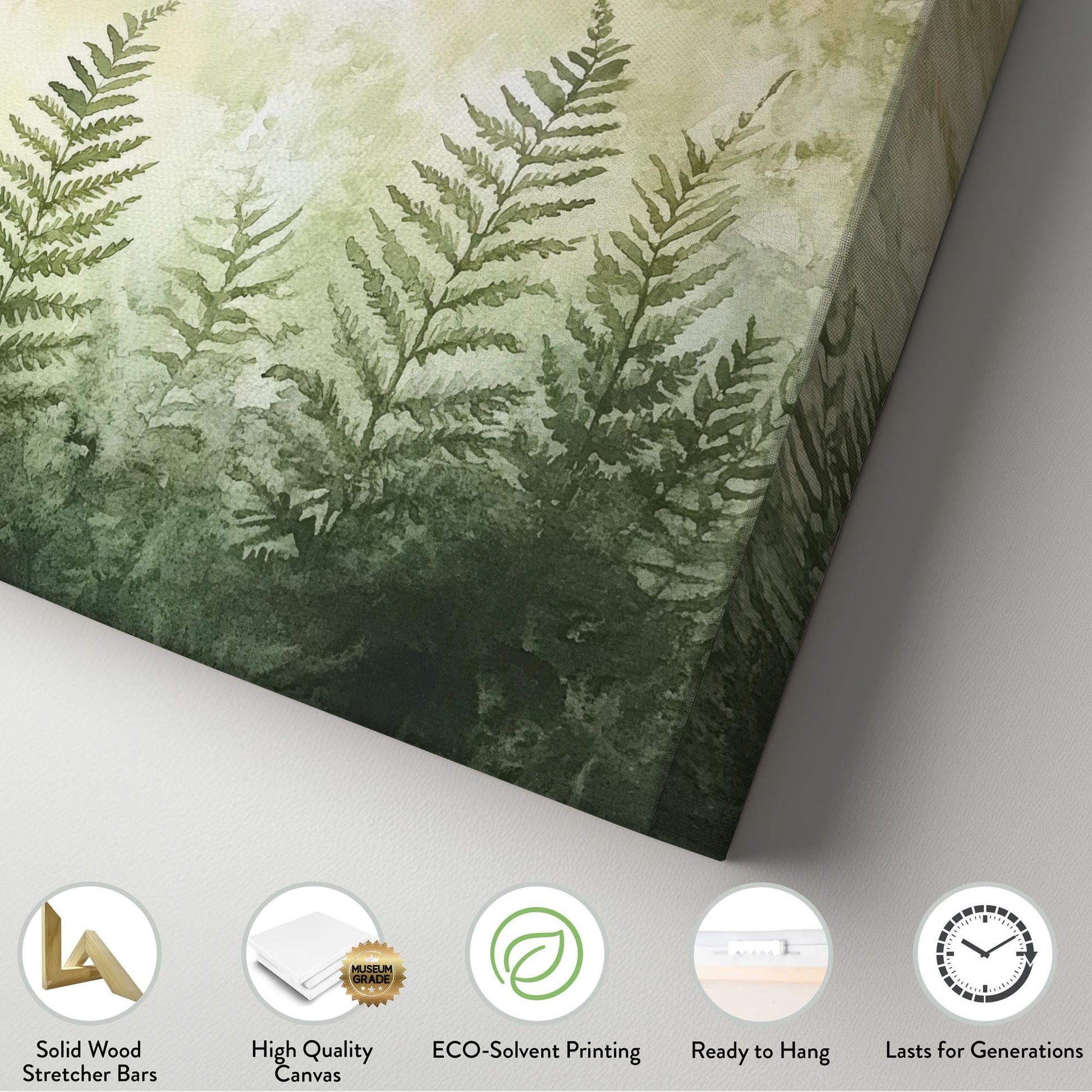 Serene Fern Grove Canvas Art | Watercolor Botanical Print | Biophilic Wall Art For Living Room | Sage Green Botanical Art Horizontal Art