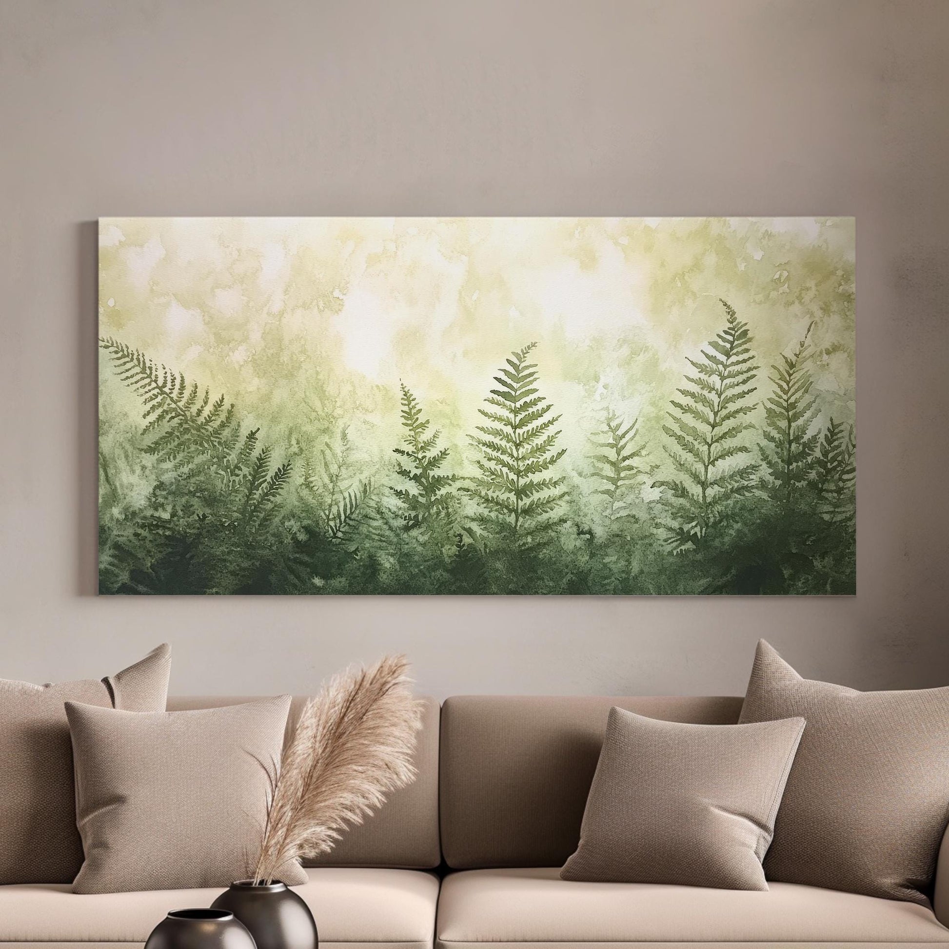 Serene Fern Grove Canvas Art | Watercolor Botanical Print | Biophilic Wall Art For Living Room | Sage Green Botanical Art Horizontal Art