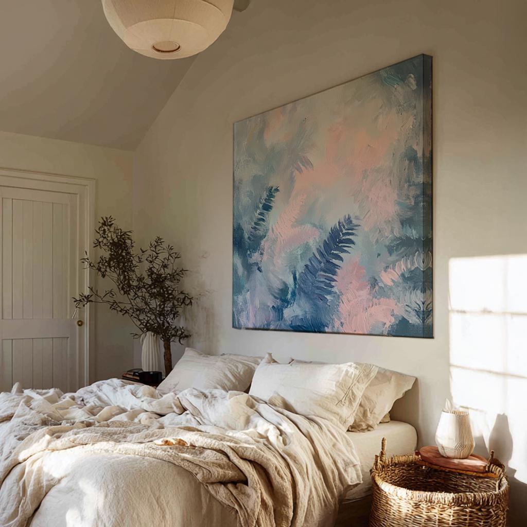 Serene Fern Canvas Art | Impasto Textural Print | Tranquil Spa Wall Art For Bedroom | Blush Pink Silver Sage Art Square Canvas Art