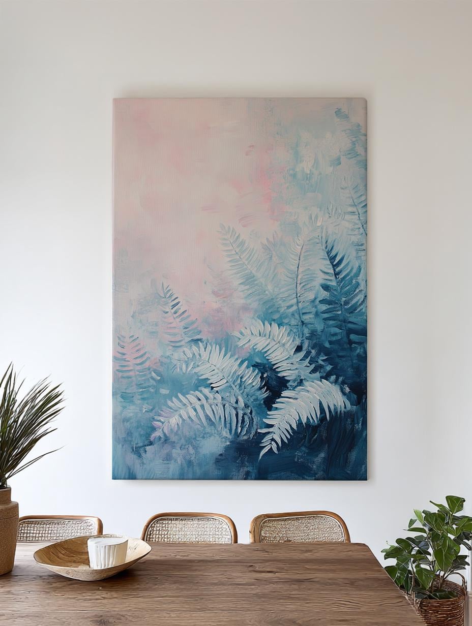 Serene Fern Canvas Art | Impasto Print | Bohemian Wall Art For Living Room | Blush Pink Steel Blue Art | Tranquil Home Decor Vertical Canvas