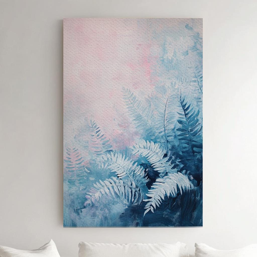 Serene Fern Canvas Art | Impasto Print | Bohemian Wall Art For Living Room | Blush Pink Steel Blue Art | Tranquil Home Decor Vertical Canvas