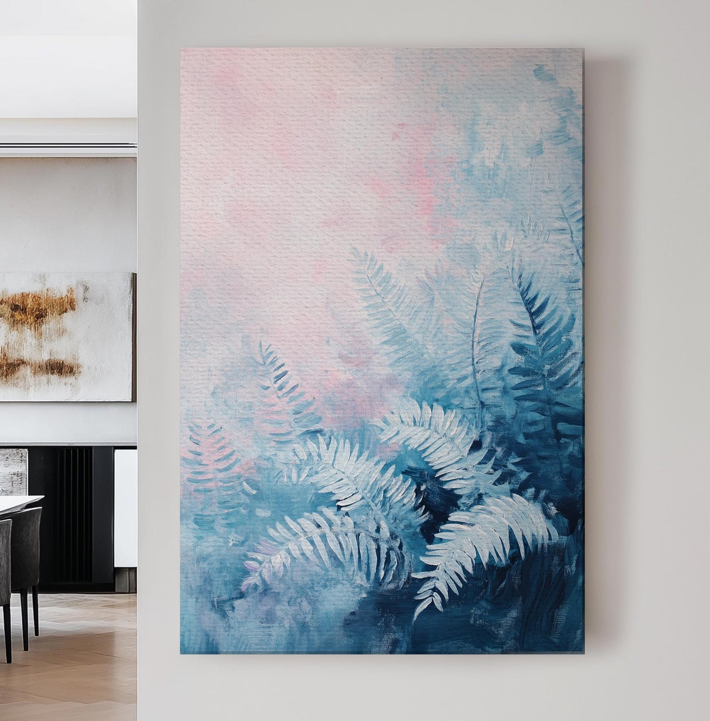 Serene Fern Canvas Art | Impasto Print | Bohemian Wall Art For Living Room | Blush Pink Steel Blue Art | Tranquil Home Decor Vertical Canvas