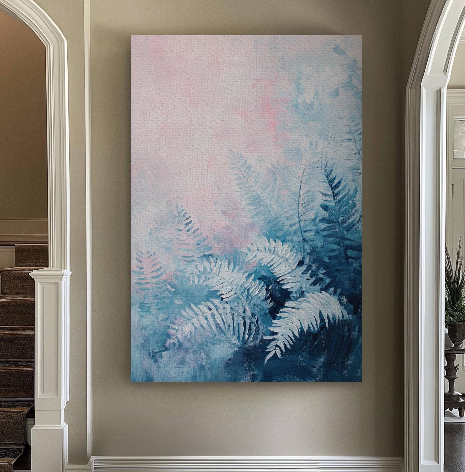 Serene Fern Canvas Art | Impasto Print | Bohemian Wall Art For Living Room | Blush Pink Steel Blue Art | Tranquil Home Decor Vertical Canvas