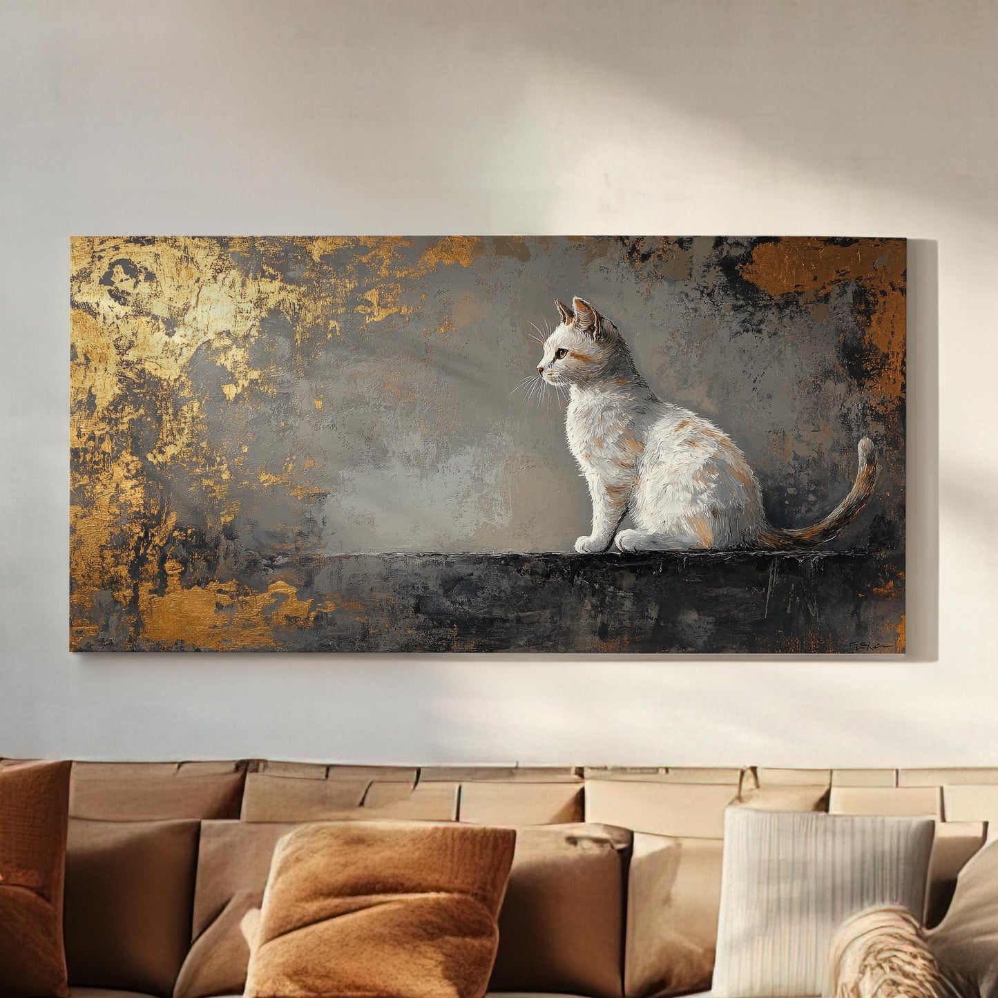 Serene Feline Canvas Art | Palette Knife Impasto Print | Transitional Wall Art For Living Room | Champagne Gold Grey Art Horizontal Art
