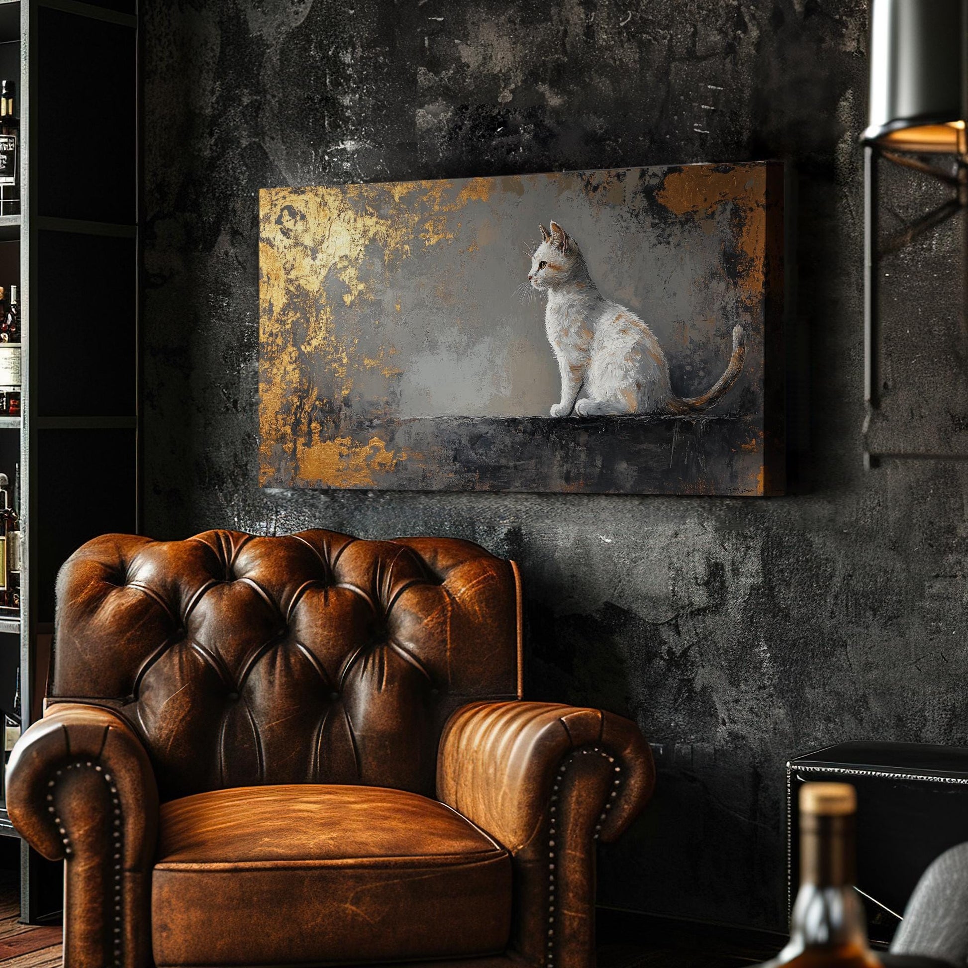 Serene Feline Canvas Art | Palette Knife Impasto Print | Transitional Wall Art For Living Room | Champagne Gold Grey Art Horizontal Art