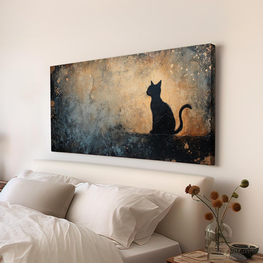 Serene Feline Canvas Art | Impasto Texture Print | Bohemian Wall Art For Living Room | Twilight Gold Art Horizontal Art