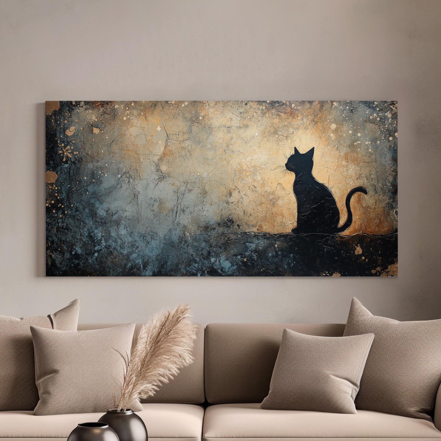 Serene Feline Canvas Art | Impasto Texture Print | Bohemian Wall Art For Living Room | Twilight Gold Art Horizontal Art