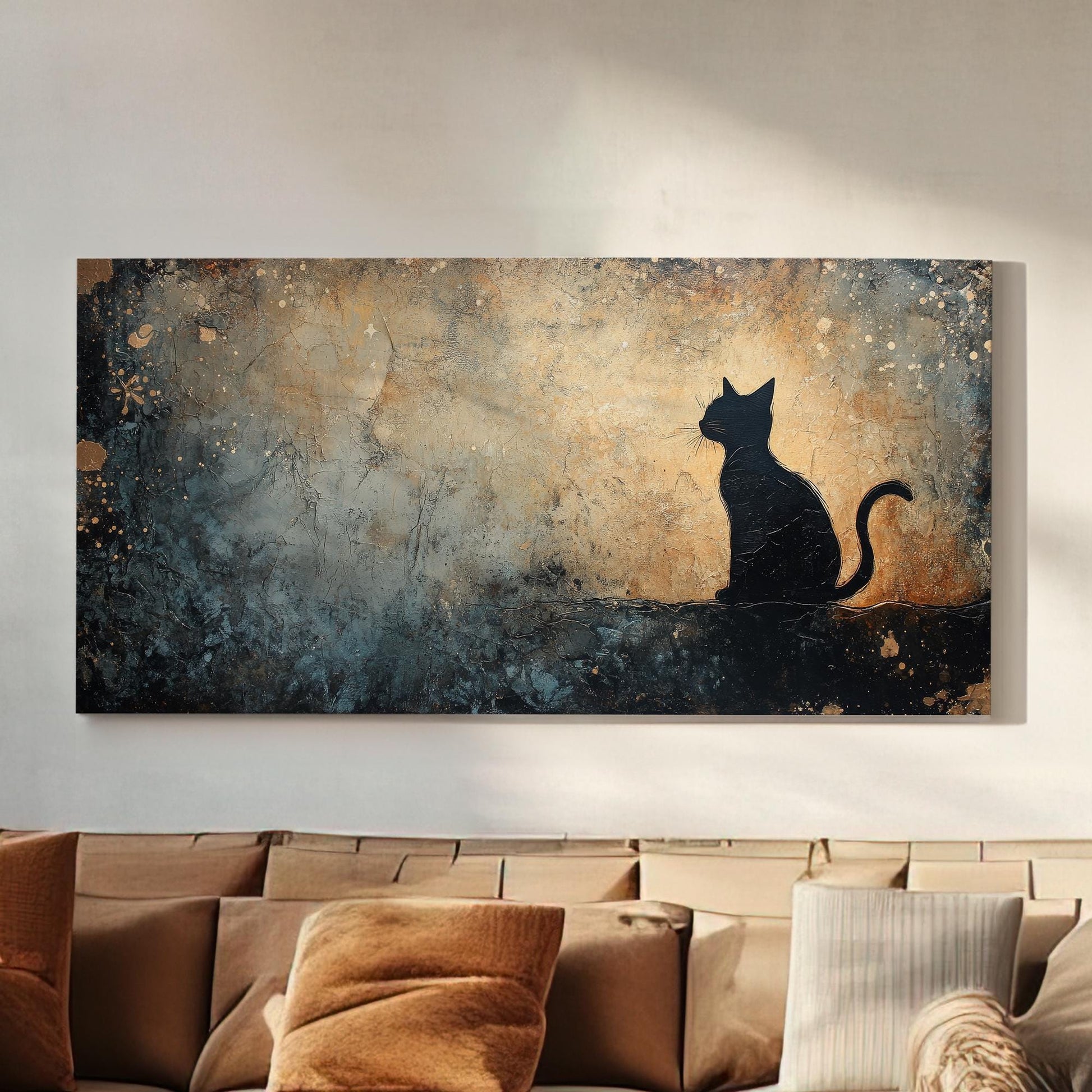 Serene Feline Canvas Art | Impasto Texture Print | Bohemian Wall Art For Living Room | Twilight Gold Art Horizontal Art
