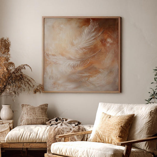 Serene Feather Canvas Art | Impasto Texture Print | Bohemian Wall Art For Bedroom | Blush Pink Clay Art Square Canvas Art