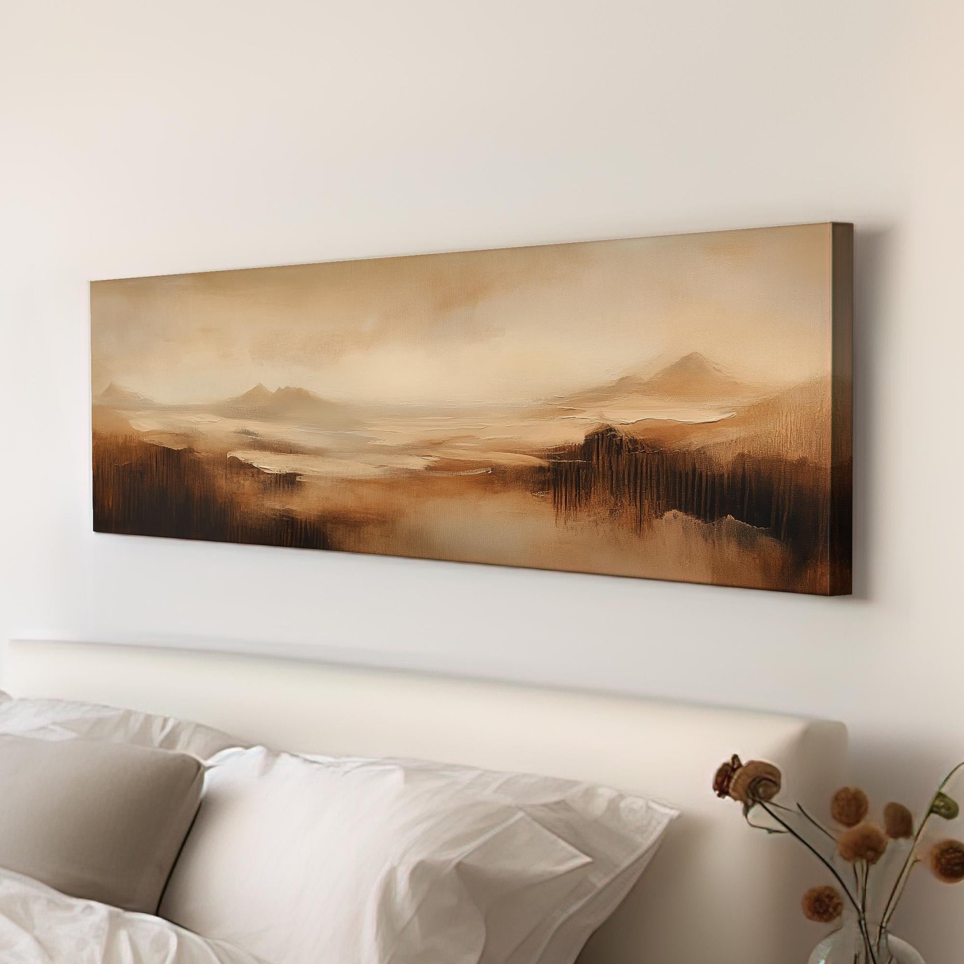 Serene Desert Landscape Canvas Art | Impasto Painting Print | Minimalist Wall Art For Living Room Panoramic Wall Art