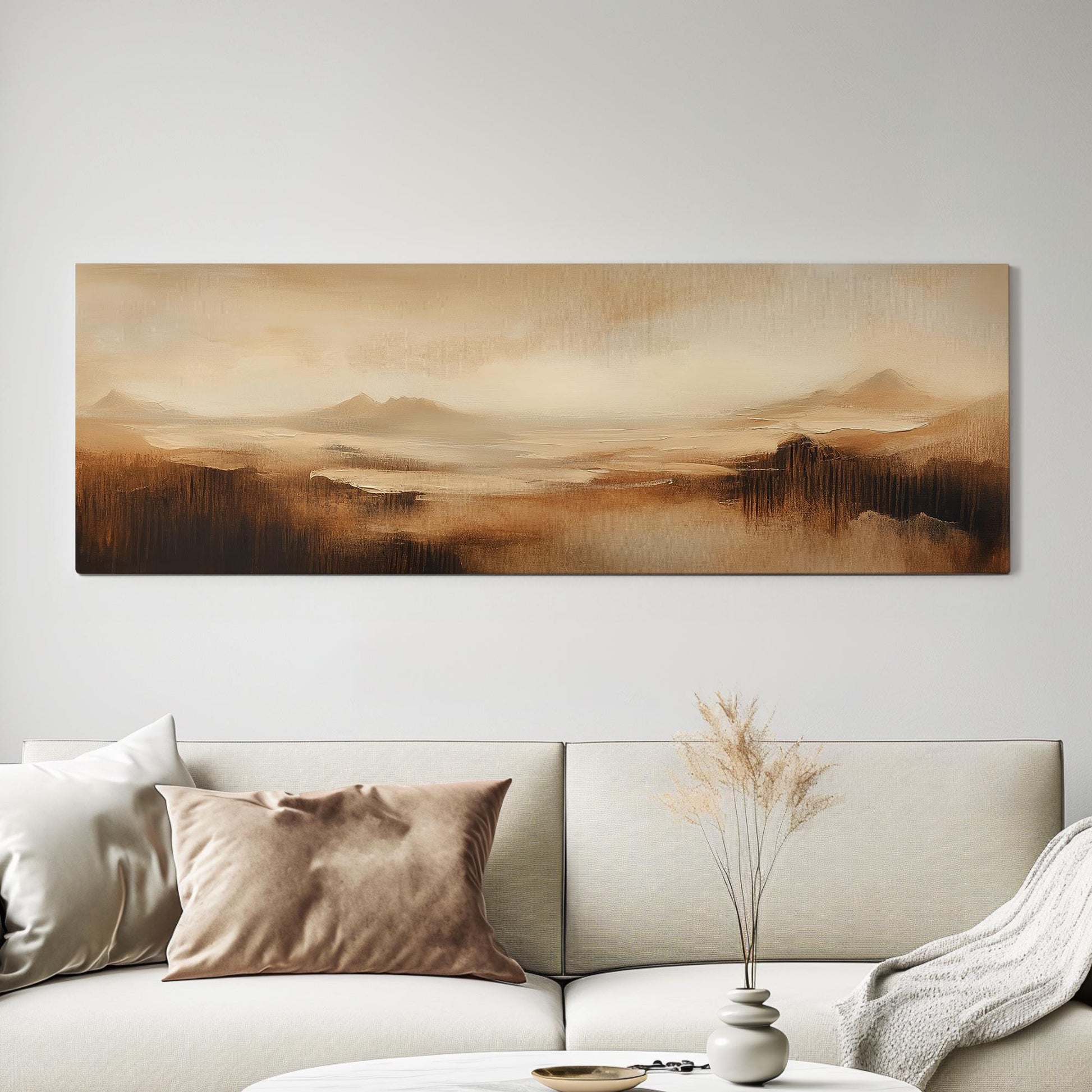 Serene Desert Landscape Canvas Art | Impasto Painting Print | Minimalist Wall Art For Living Room Panoramic Wall Art
