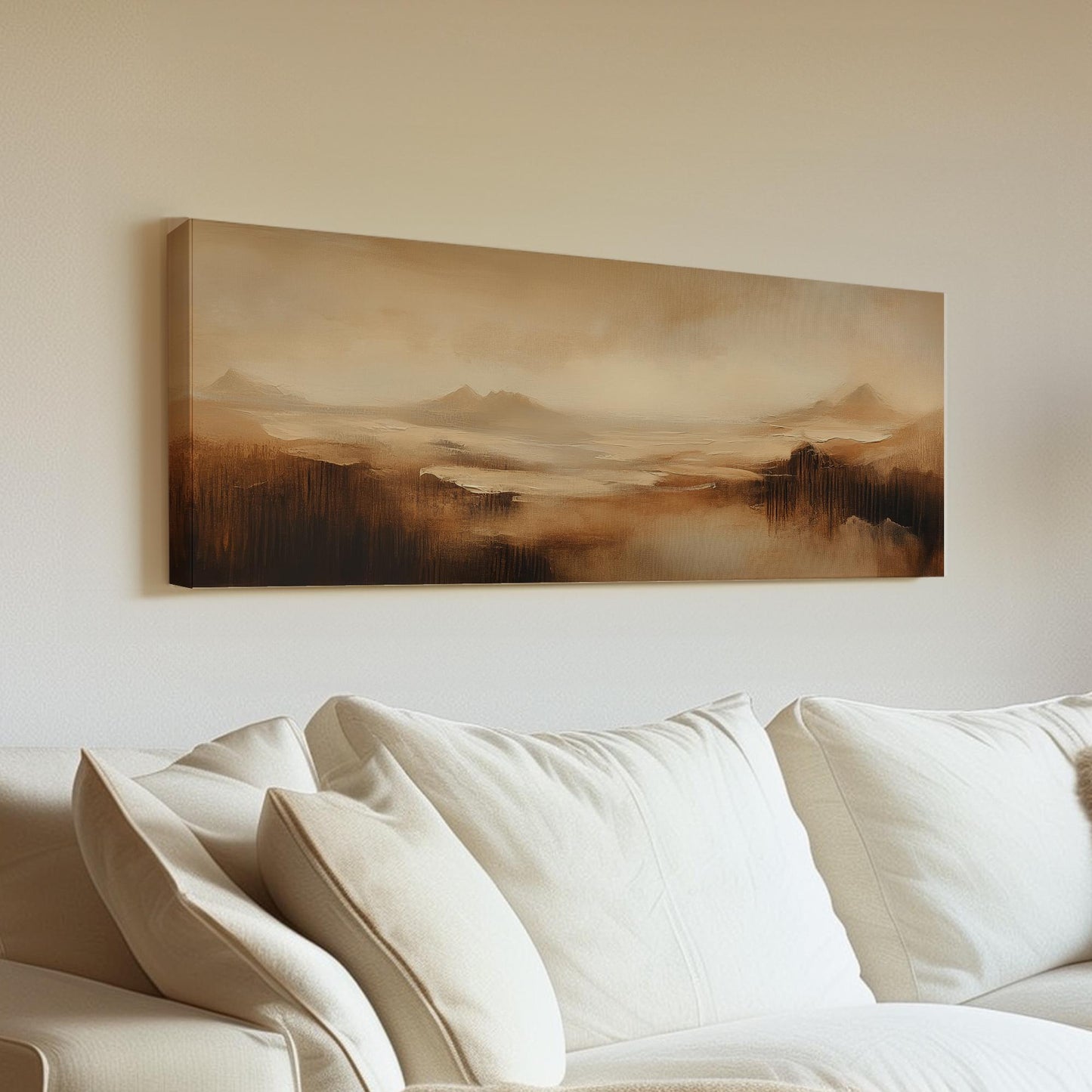 Serene Desert Landscape Canvas Art | Impasto Painting Print | Minimalist Wall Art For Living Room Panoramic Wall Art