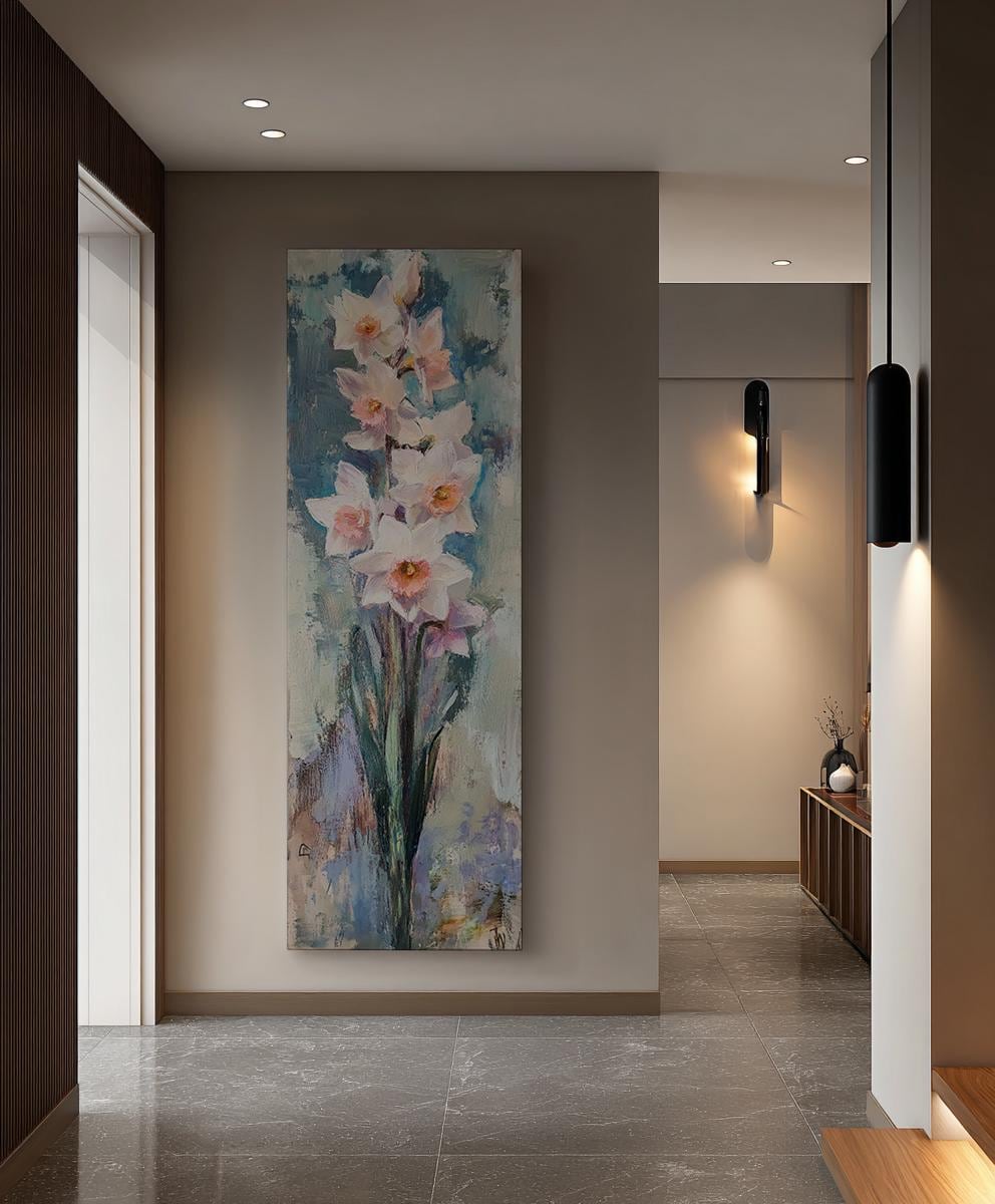 Serene Daffodils Canvas Art | Impasto Floral Print | Bohemian Wall Art For Living Room | Blush Pink Seafoam Art Long Vertical Art