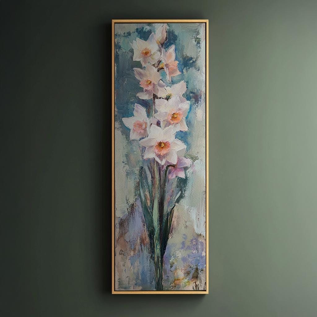 Serene Daffodils Canvas Art | Impasto Floral Print | Bohemian Wall Art For Living Room | Blush Pink Seafoam Art Long Vertical Art