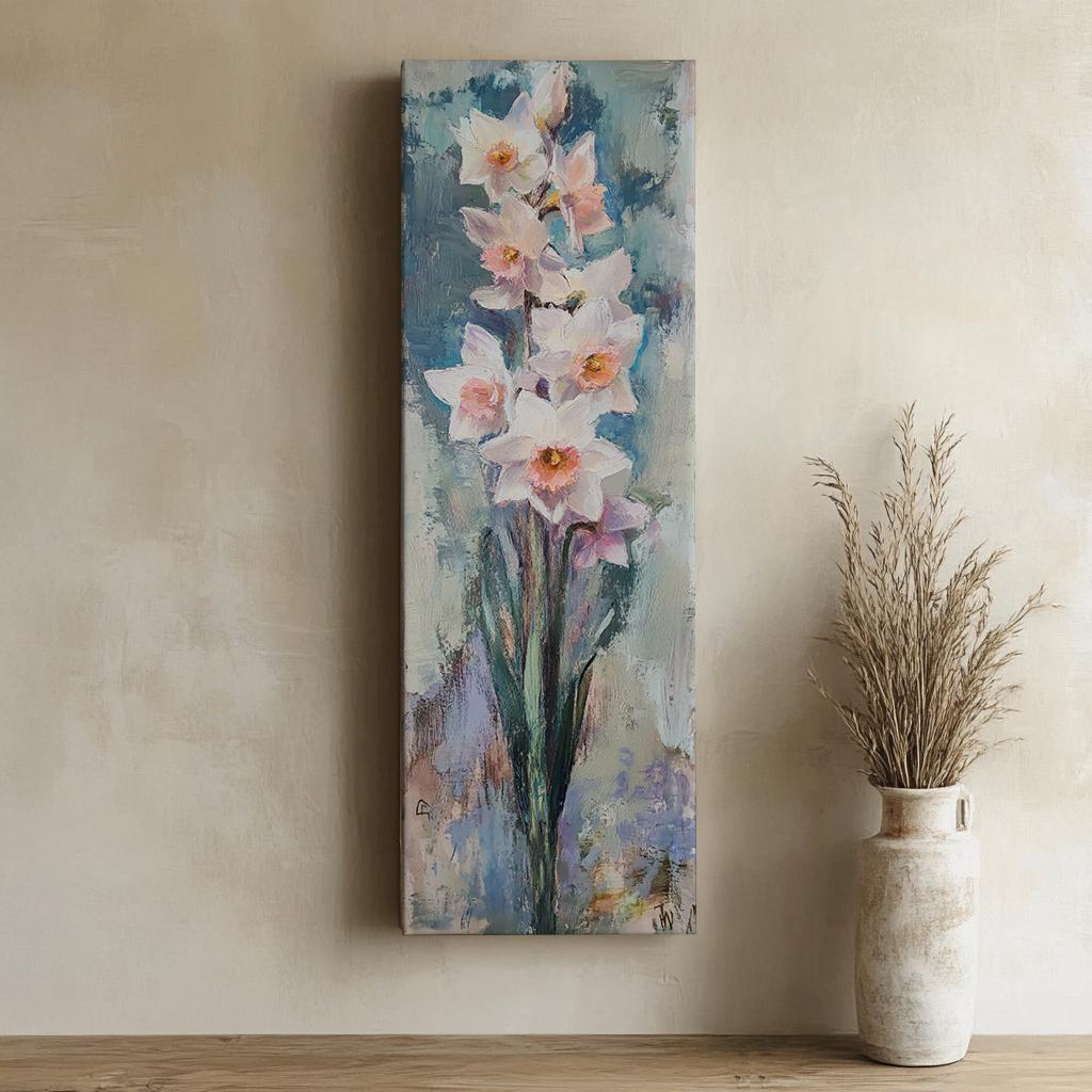 Serene Daffodils Canvas Art | Impasto Floral Print | Bohemian Wall Art For Living Room | Blush Pink Seafoam Art Long Vertical Art
