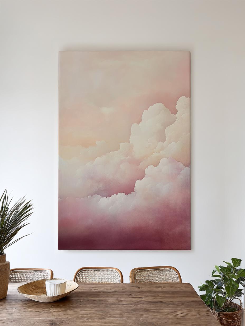 Serene Cloudscape Canvas Art | Impressionistic Cloud Print | Bohemian Wall Art For Bedroom | Rose Quartz Art Vertical Canvas