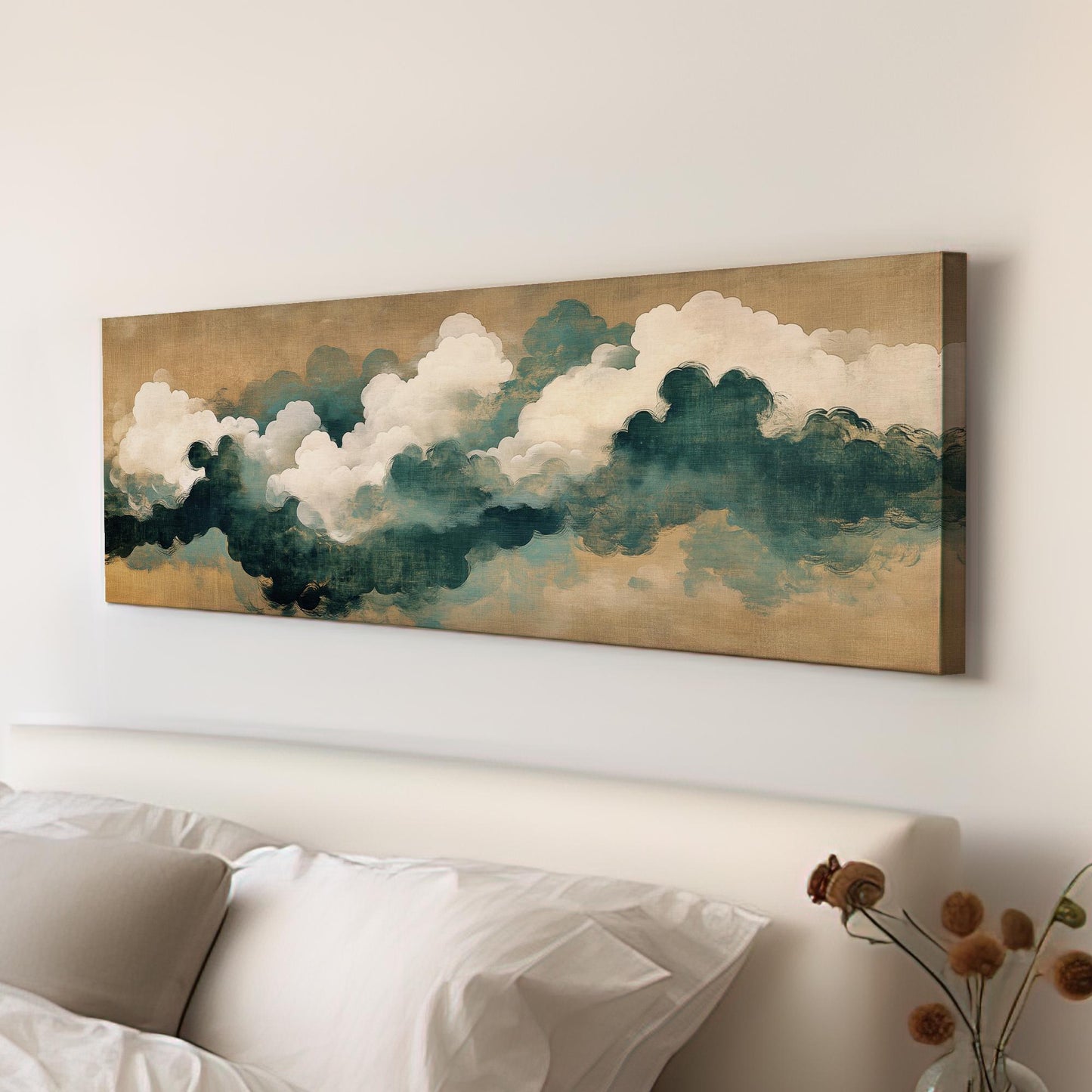 Serene Cloudscape Canvas Art | Impasto Brushstroke Print | Tranquil Zen Wall Art For Living Room | Sand Dune Seafoam Art Panoramic Wall Art