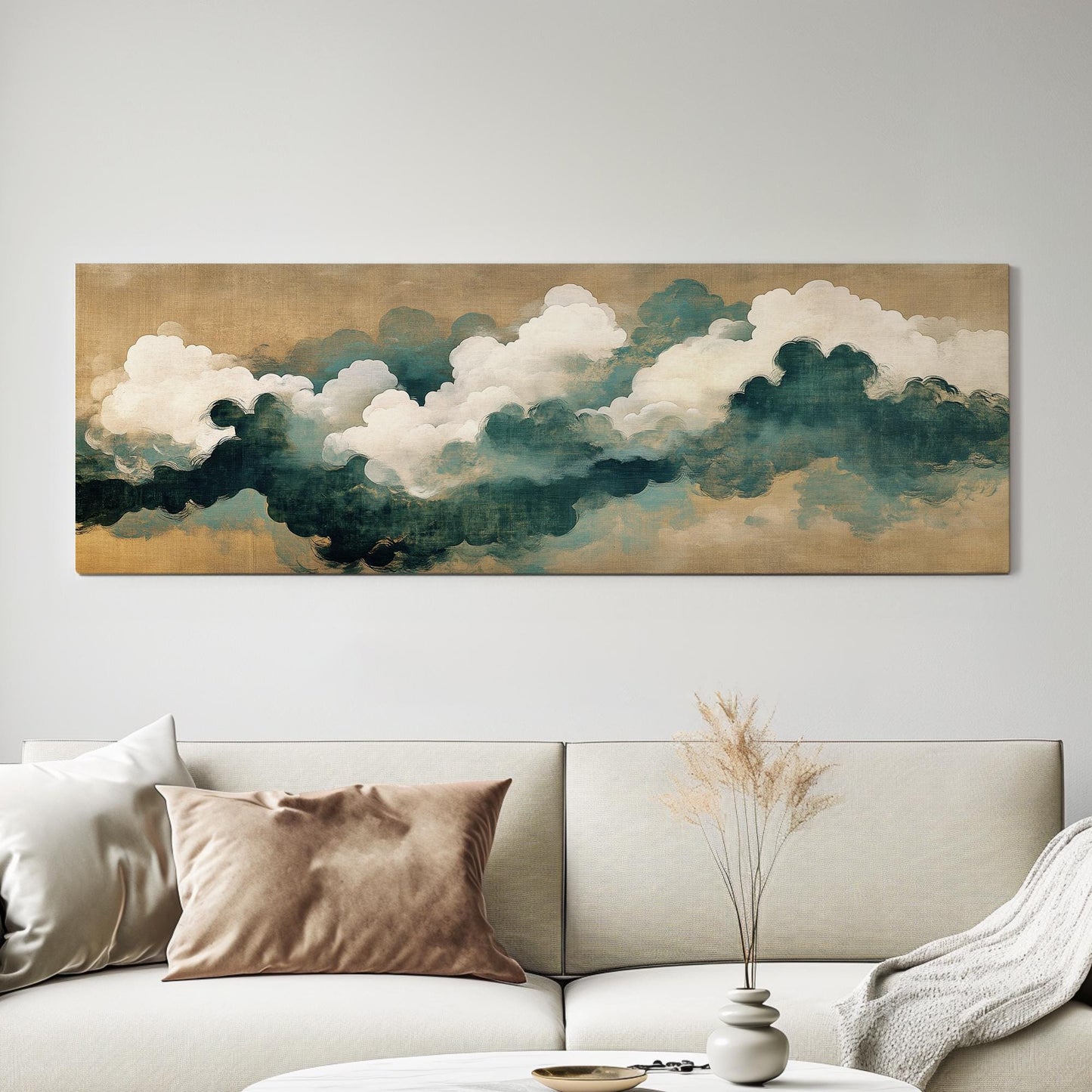Serene Cloudscape Canvas Art | Impasto Brushstroke Print | Tranquil Zen Wall Art For Living Room | Sand Dune Seafoam Art Panoramic Wall Art