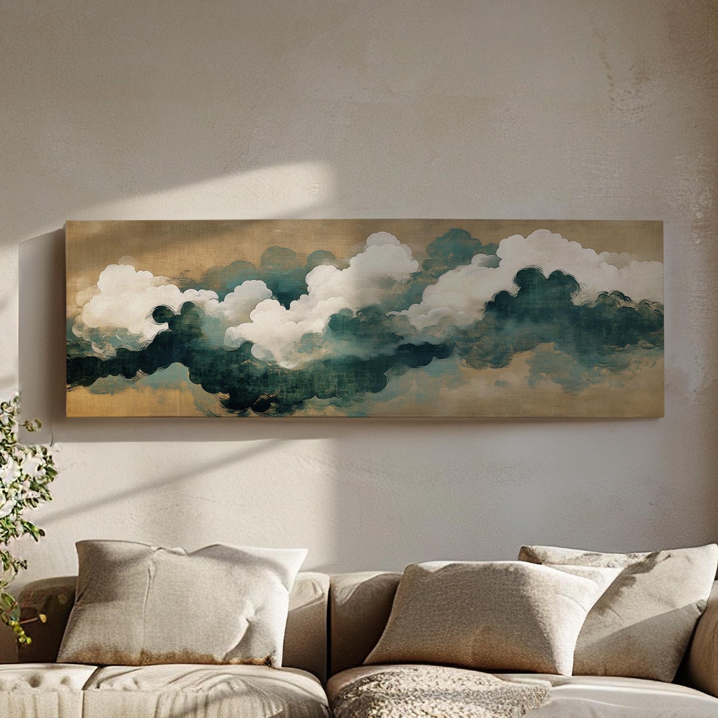 Serene Cloudscape Canvas Art | Impasto Brushstroke Print | Tranquil Zen Wall Art For Living Room | Sand Dune Seafoam Art Panoramic Wall Art