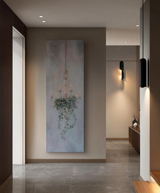Serene Chandelier Canvas Art | Impasto Botanical Print | French Country Wall Art For Living Room | Silverleaf Sage Art Long Vertical Art