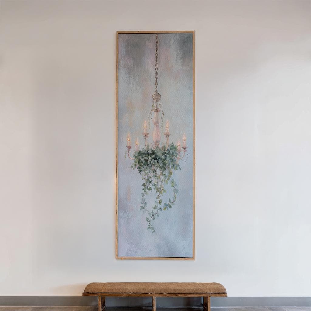 Serene Chandelier Canvas Art | Impasto Botanical Print | French Country Wall Art For Living Room | Silverleaf Sage Art Long Vertical Art