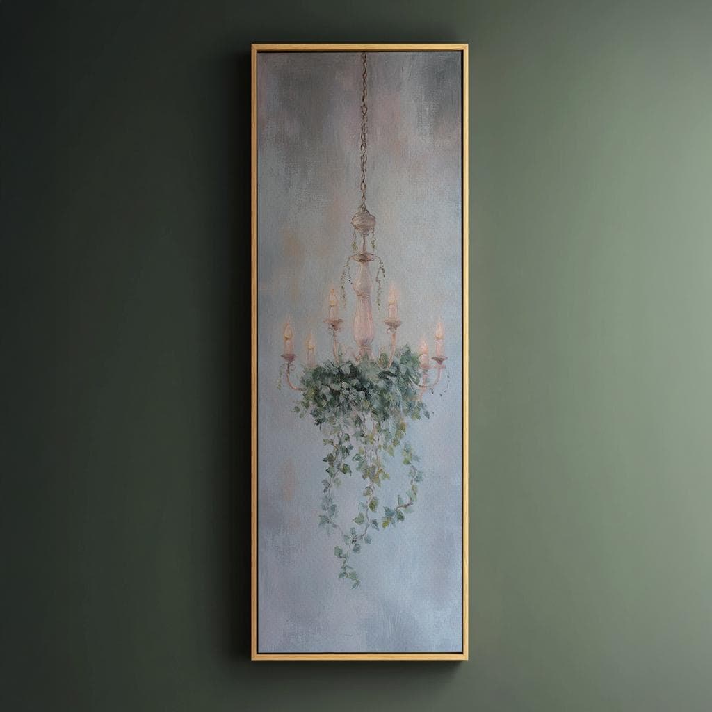 Serene Chandelier Canvas Art | Impasto Botanical Print | French Country Wall Art For Living Room | Silverleaf Sage Art Long Vertical Art