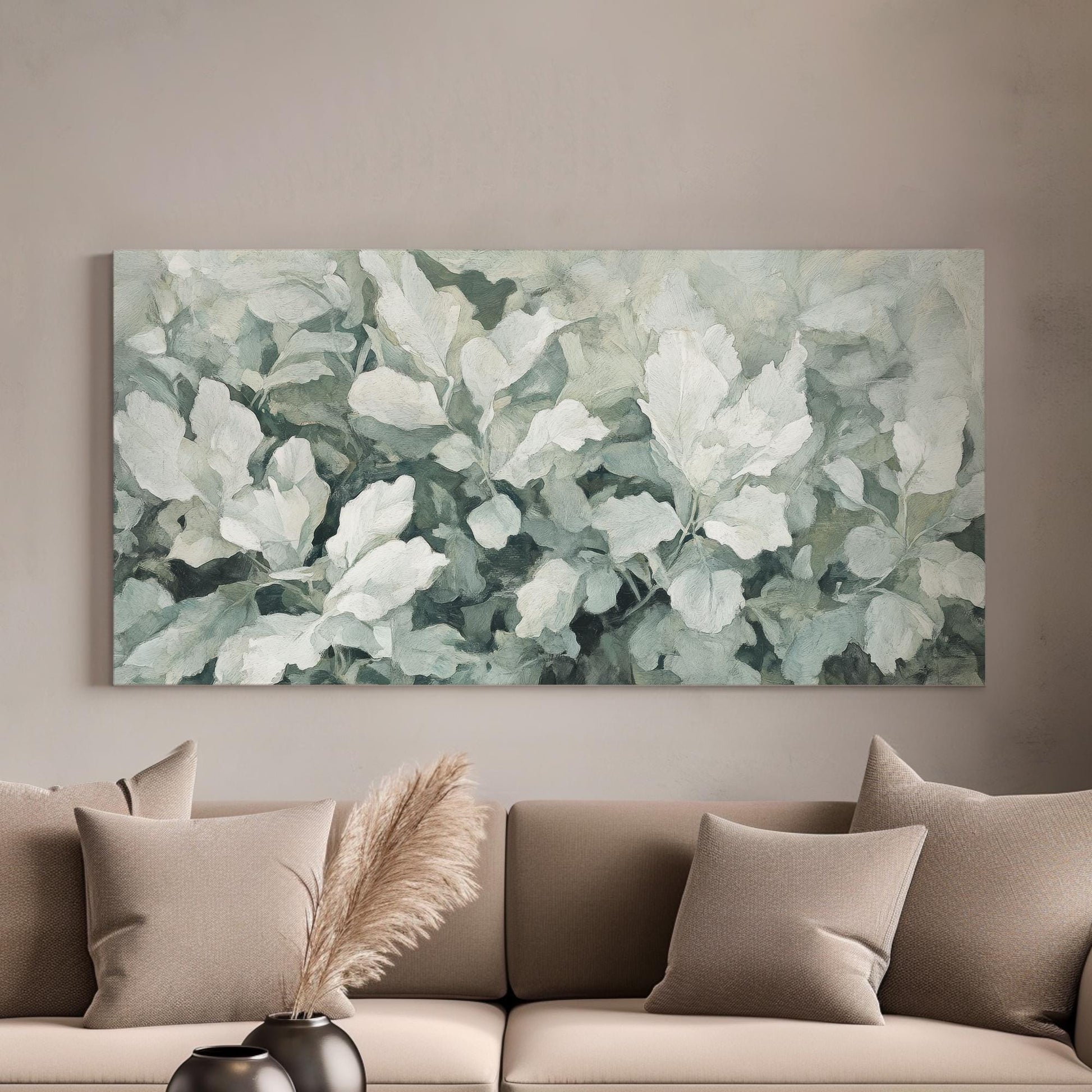 Serene Botanical Canvas Art | Impasto Print | Tranquil Botanical Wall Art For Living Room | Sage Green Art | Modern Zen Decor Horizontal Art
