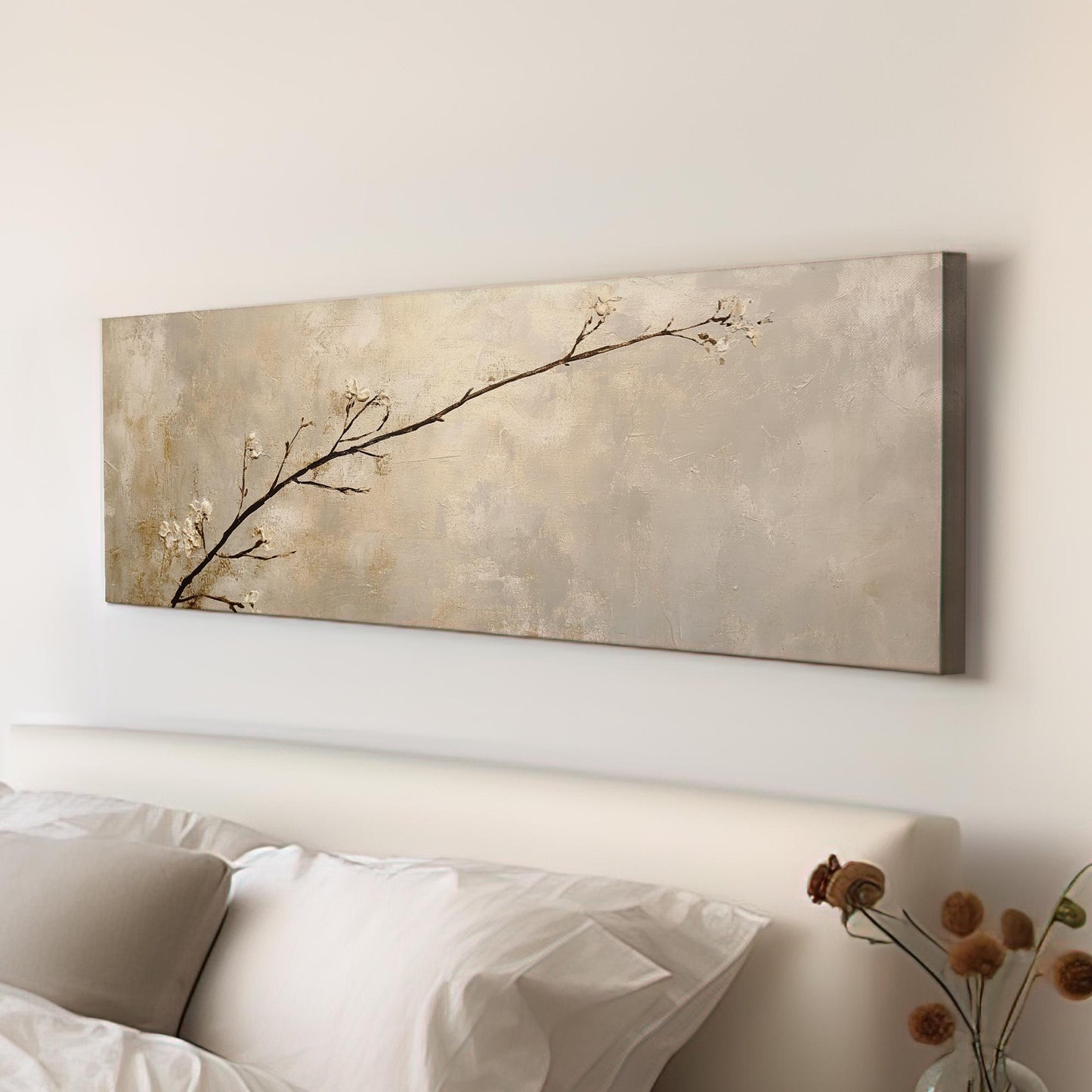 Serene Blossom Canvas Art | Impasto Textural Print | Tranquil Zen Wall Art For Living Room | Champagne Gold Art Panoramic Wall Art